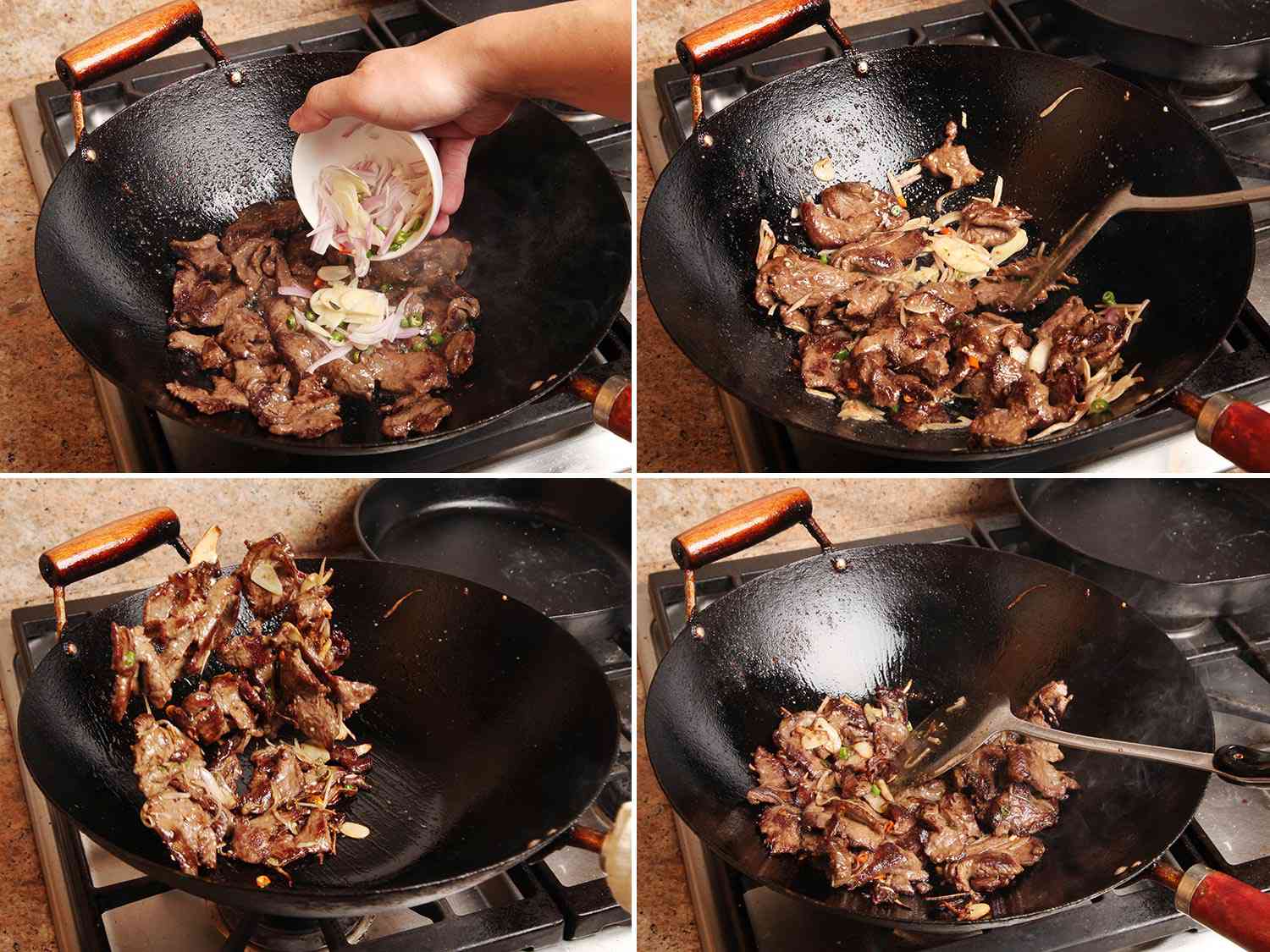Collage of browned beef being stir-fried with garlic-chile-lime leaf mixture.