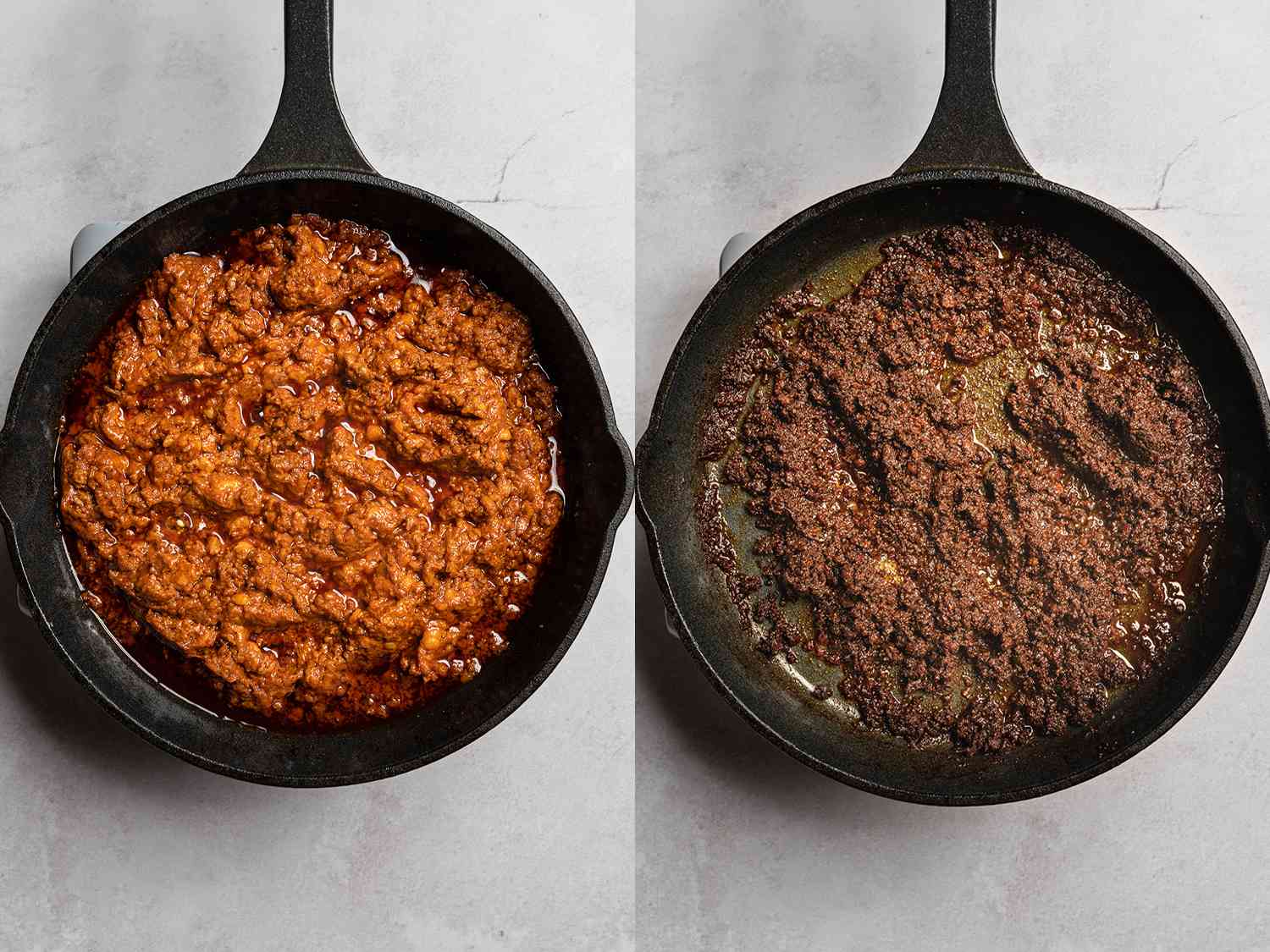 Chorizo cooking in a cast iron pan until brown