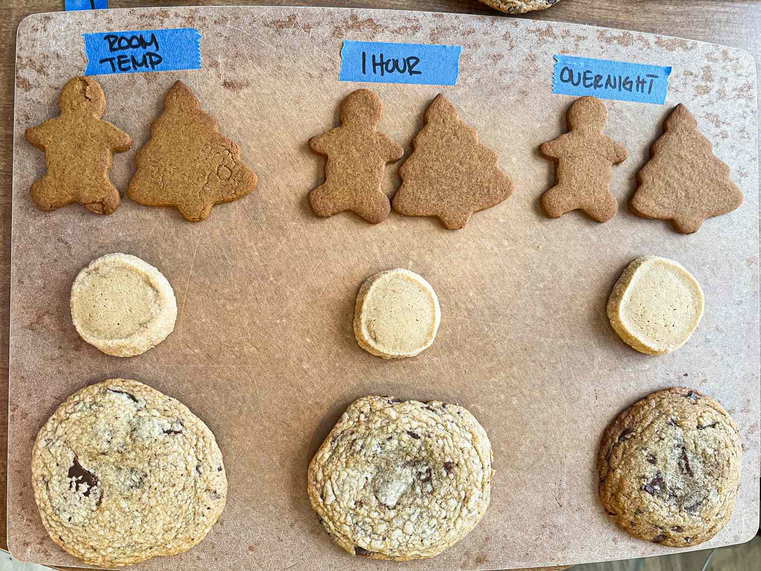 Three types of cookies shaped as gingerbread and trees with visible differences in texture labeled room temp 1 hour and overnight