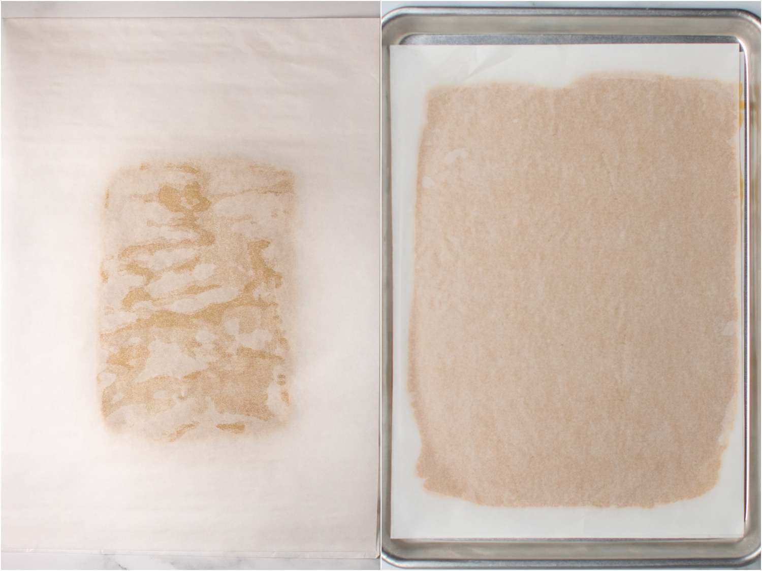 A two-image collage. The left image shows a six by eight inch dough rectangle covered in parchment paper. The right shows the dough rolled out to a twelve by fourteen inch rectangle, placed on a baking sheet, and covered with parchment paper.
