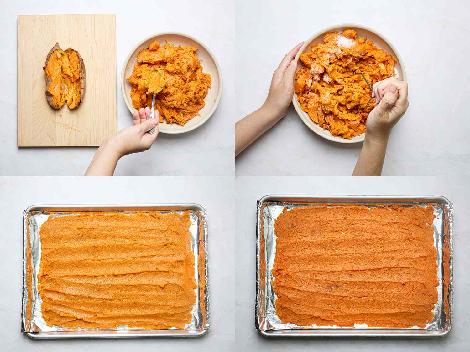 Steps in preparing sweet potato gnocchi including mashing sweet potatoes and spreading the mixture on a baking sheet