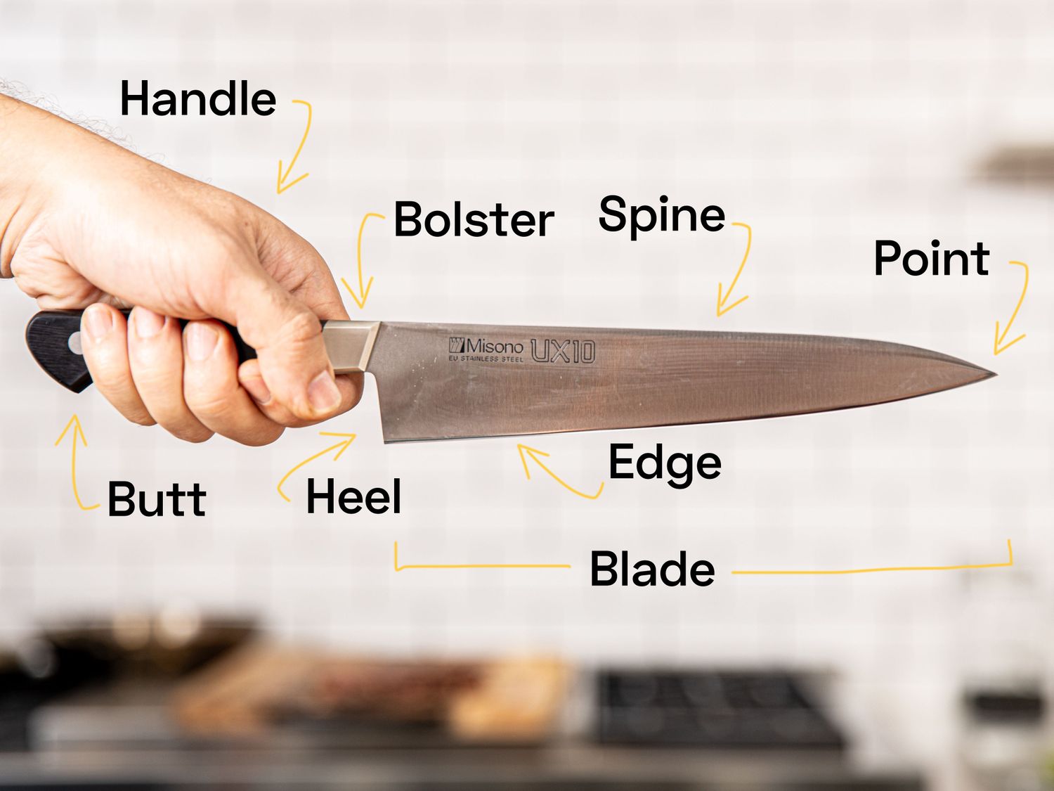 Hand holding a kitchen knife with annotations labeling parts such as handle bolster spine point edge blade butt and heel