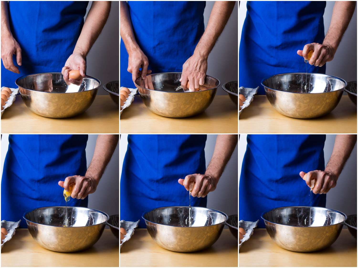 A six image collage showing the process of cracking an egg into a bowl using a single hand.