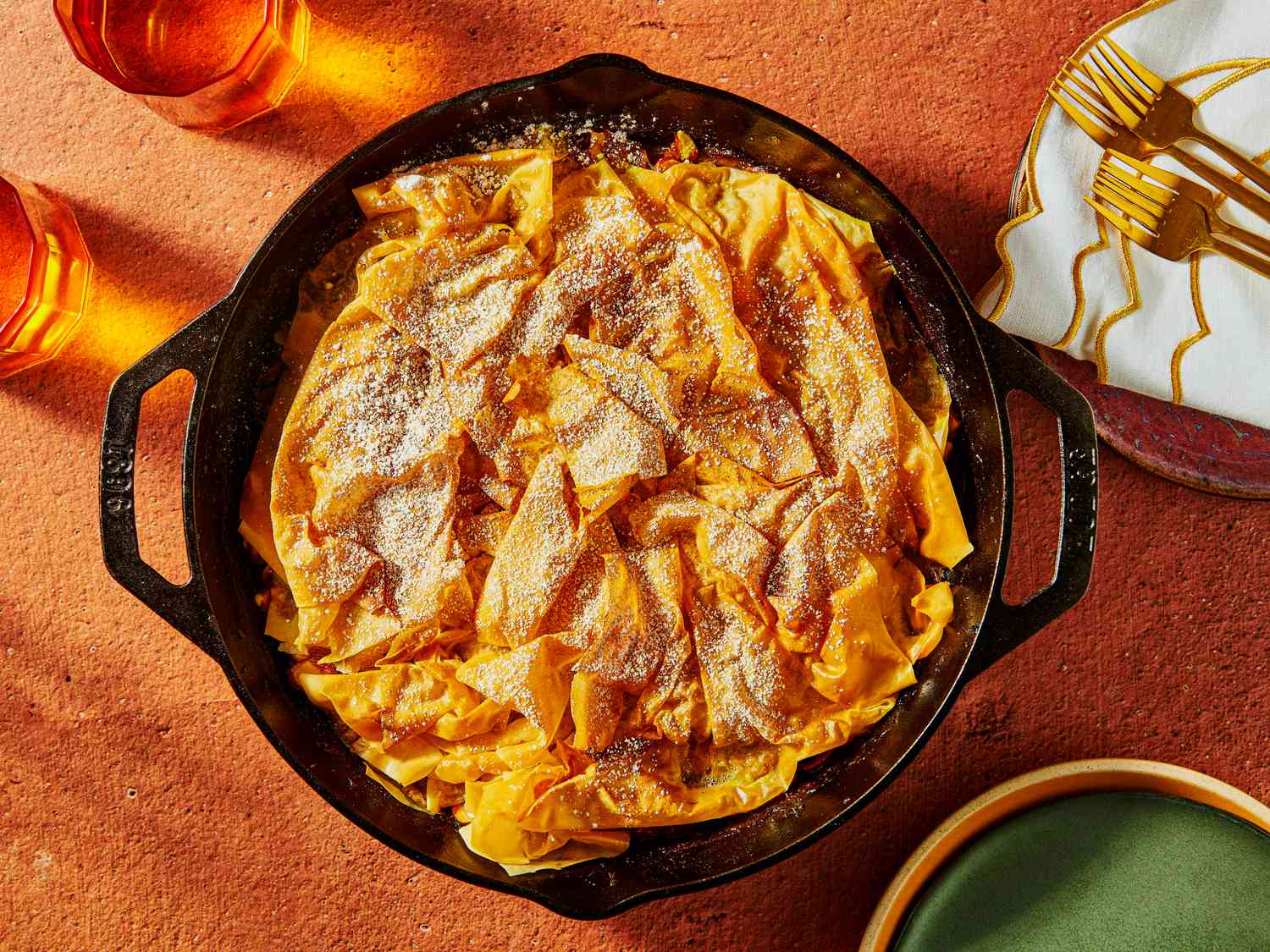 Overhead view of finished one pan chicken bastilla 