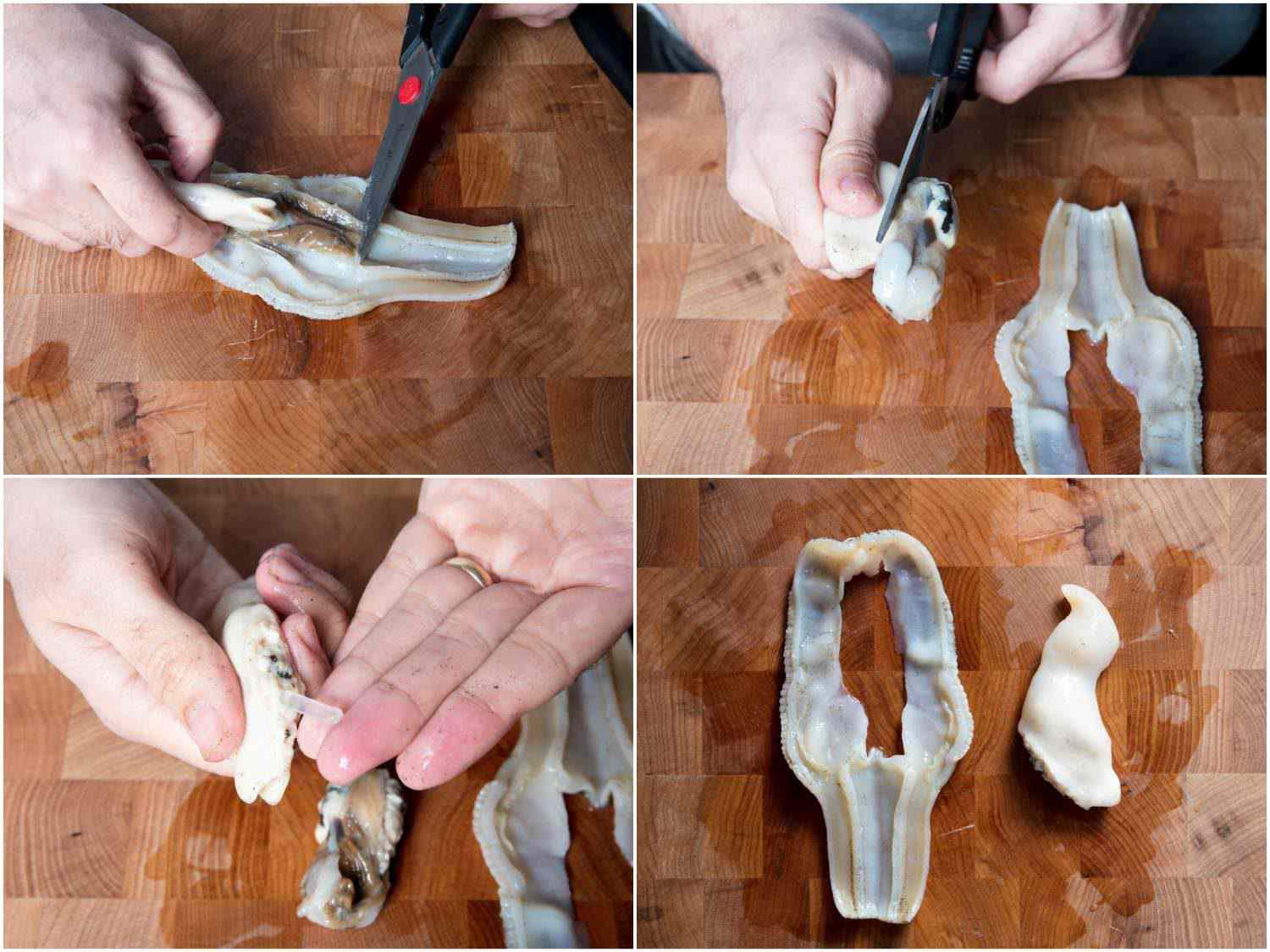 Collage of cleaning razor clam: removing brown internal organs, cutting out stomach from digger, crystalline stile protruding, cleaned clam meat.