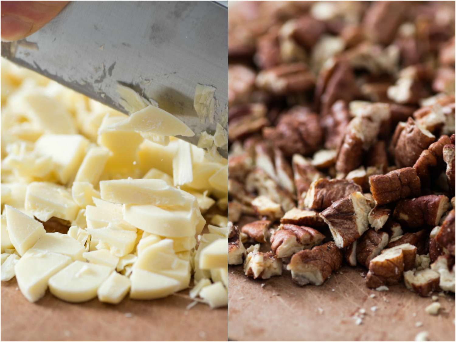 A split image of chopped white chocolate and chopped pecans.