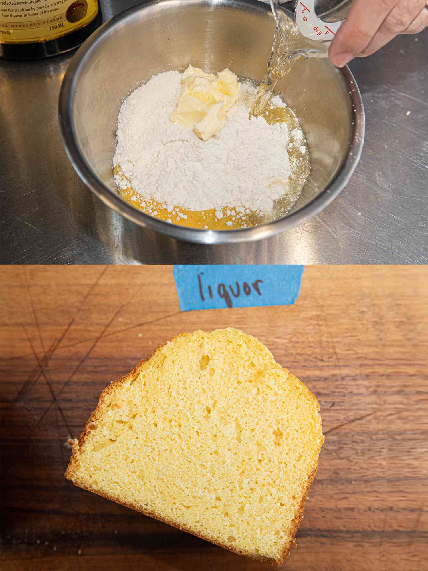 Two image collage of before and after adding liquor to cake batter