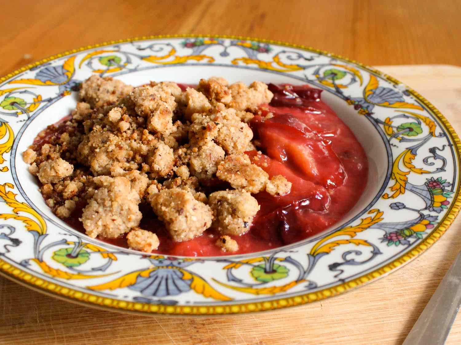 Closeup of easy stovetop fruit crisp, ready to serve.