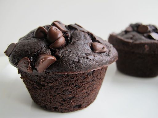 Close-up of an espresso chocolate muffin. The top is studded with chocolate chips.