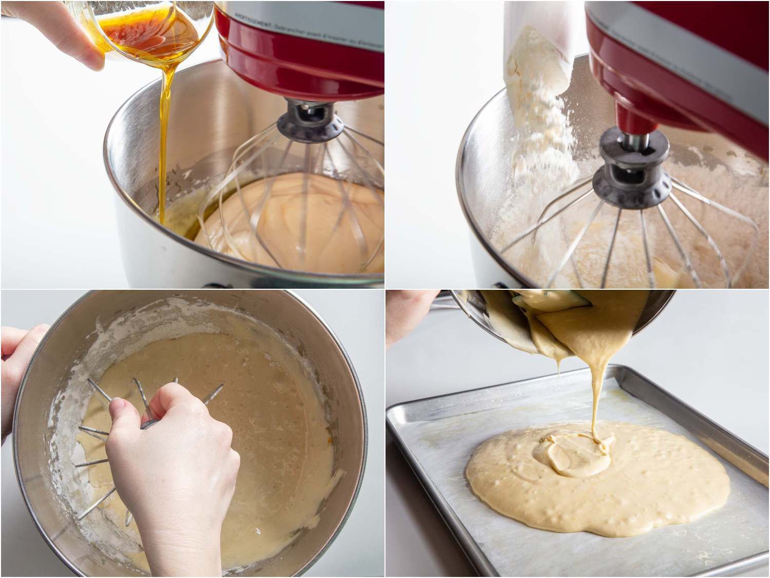 Adding the oil, vanilla, and flour to the jelly roll batter, mixing by hand to incorporate the last bits, and pouring batter into lined rimmed baking sheet