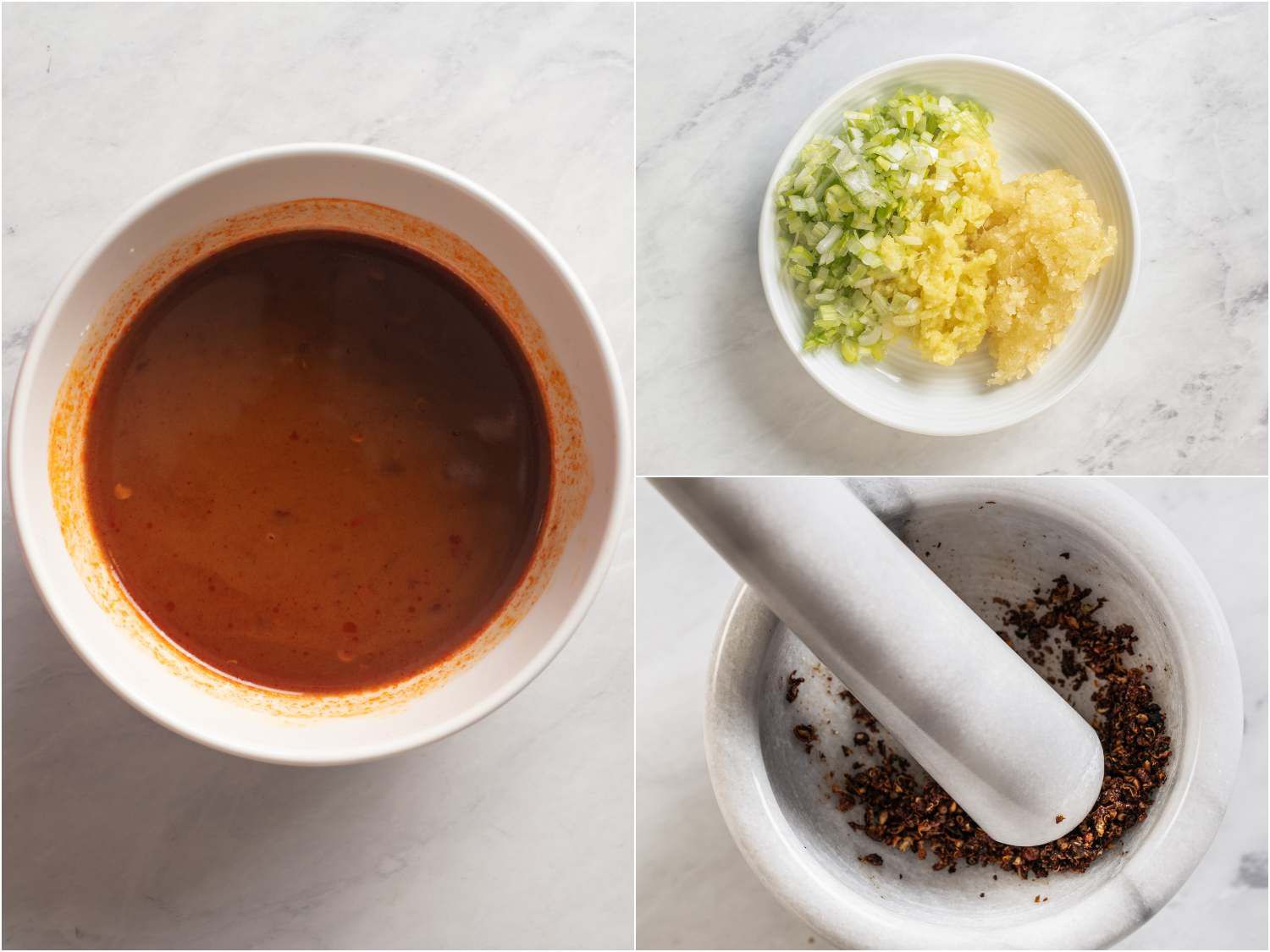 Collage of sauce, aromatics, and spices to be added to crispy kung pao tofu