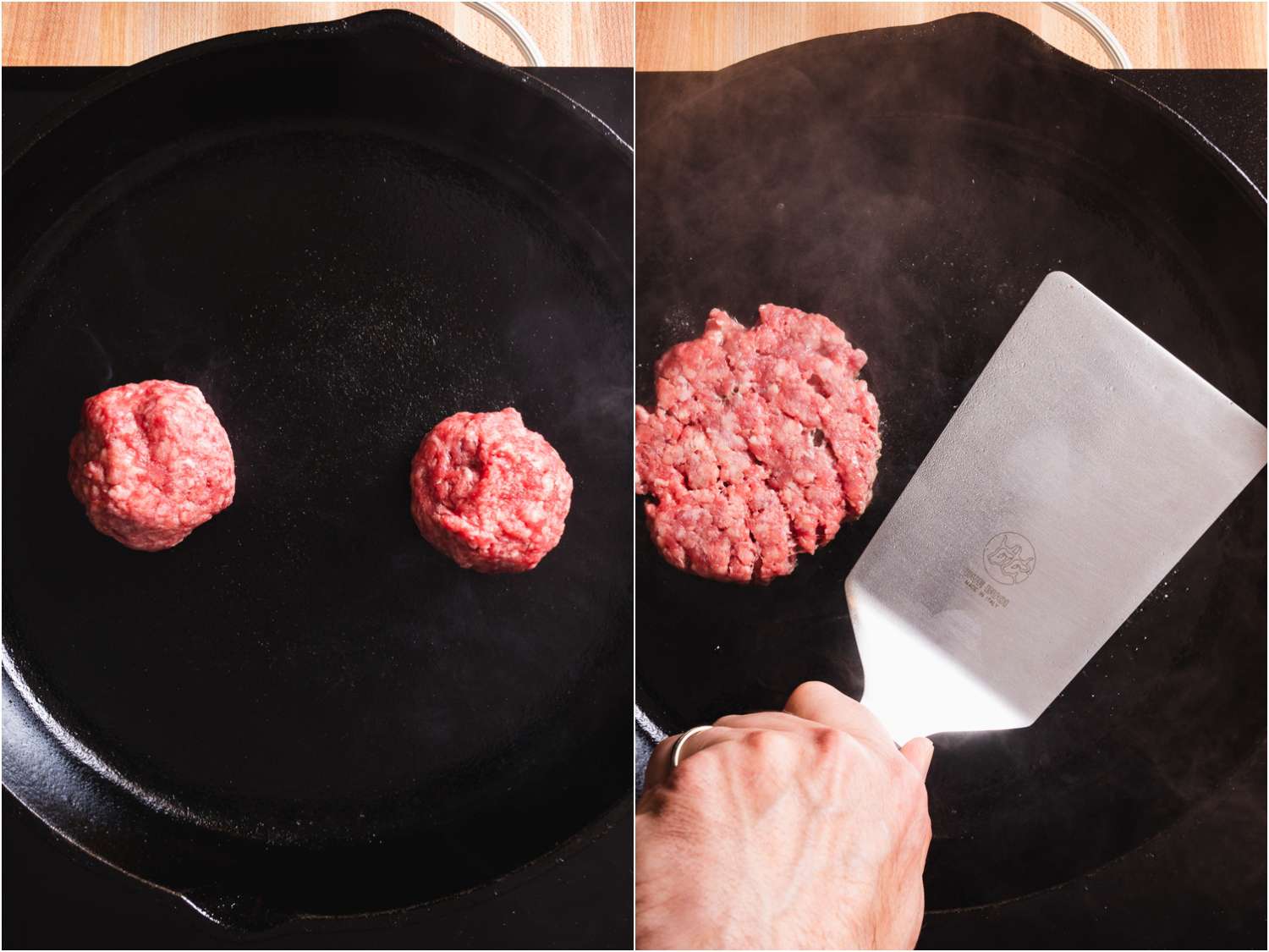 Collage: two burger patties in a cast iron skillet; a heavy spatula smashing one