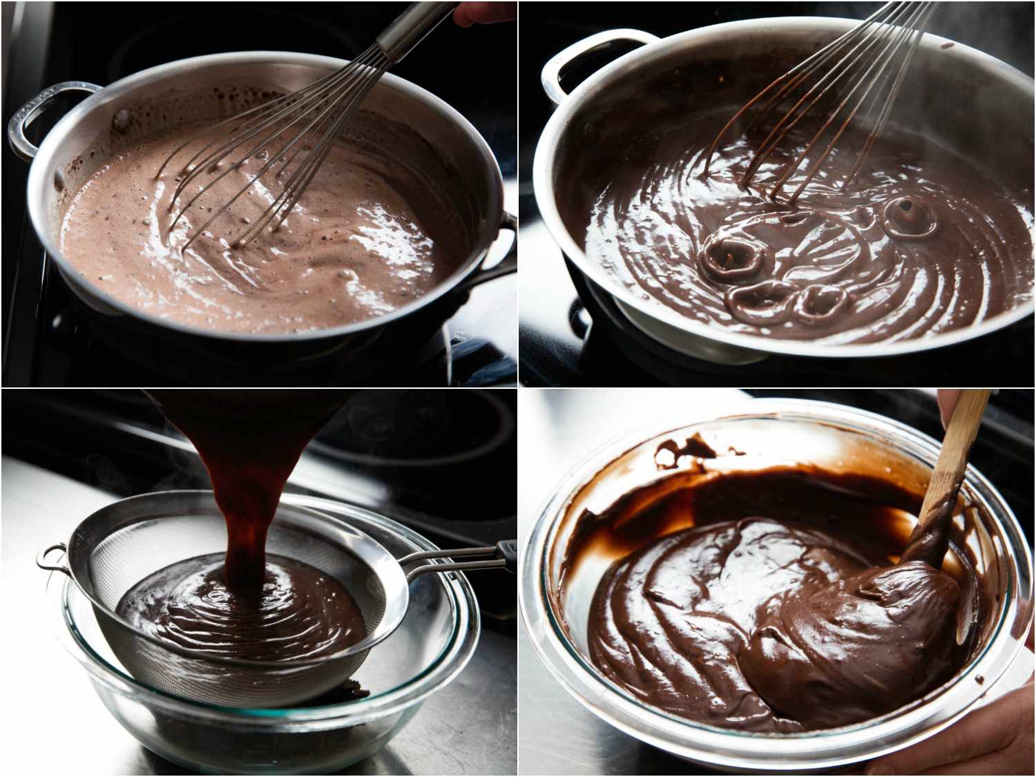 Collage of the chocolate custard filling being cooked and whisked, passed through a fine mesh strainer, then mixed with (more) chocolate and vanilla extract.
