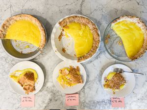 Three pies with slices removed labeled as metal ceramic and glass each with a piece on a plate below