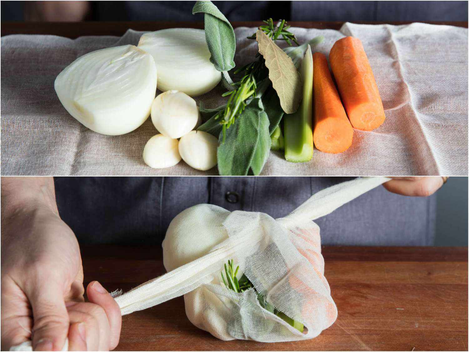 Two photos of aromatics resting on cheesecloth and hands tying the cheesecloth around them.