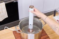 A person places the Breville Joule Turbo Sous Vide into a pot of water