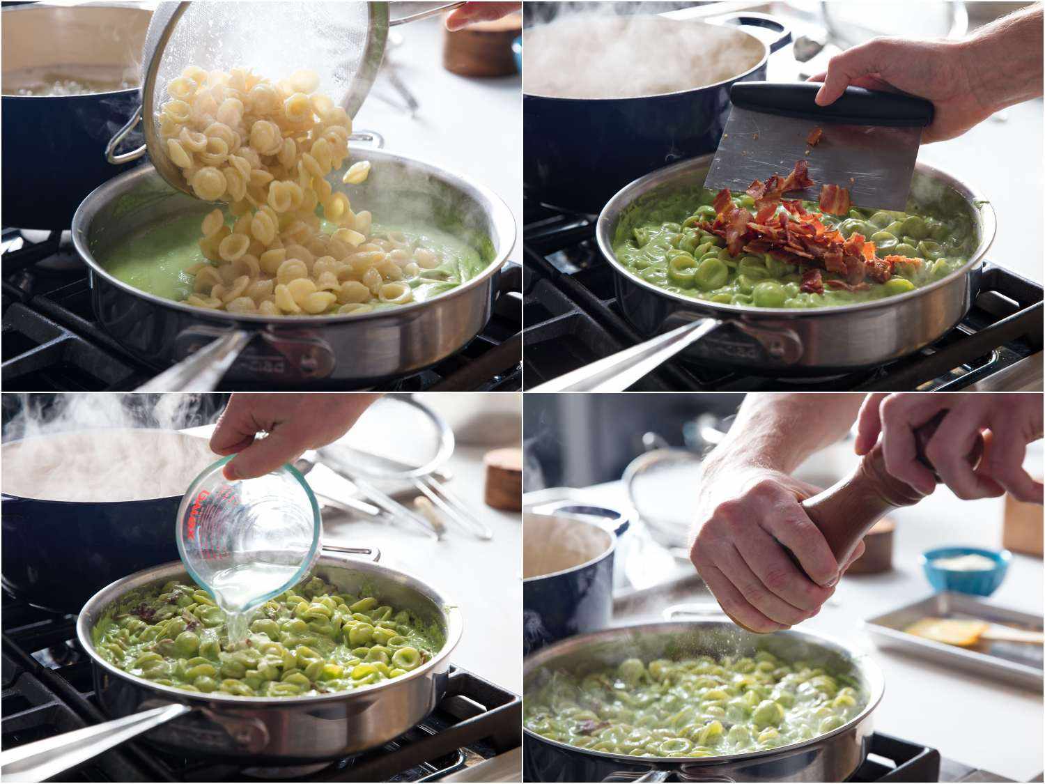 A 4-image collage showing finishing steps for orecchiette. Adding pasta, bacon, pasta water, and ground pepper to the sauce.