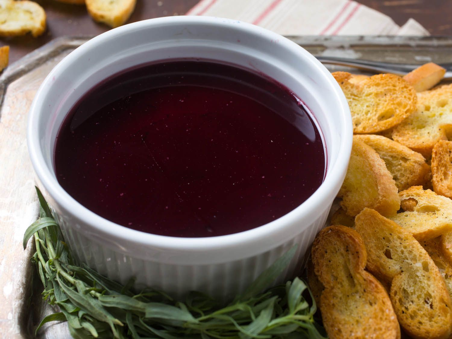Close up of chicken liver pate in a ramekin. 