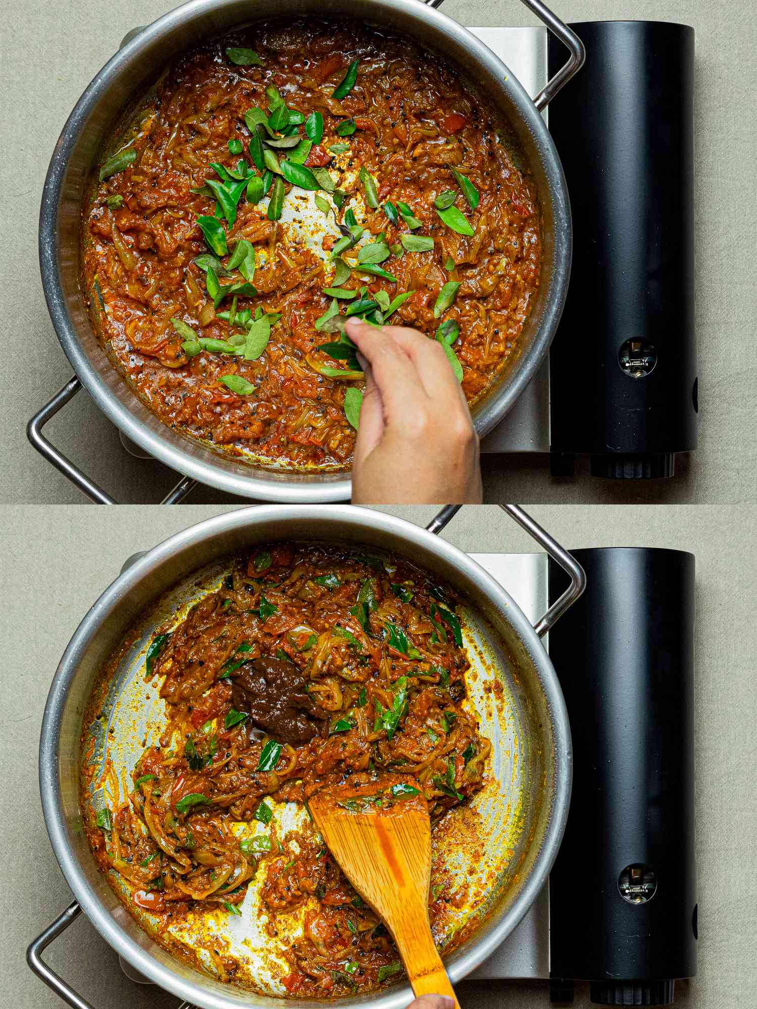 Two image collage of adding curry leaves and tamarind paste