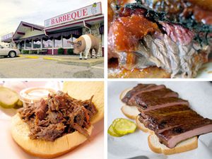 A collage of a barbecue restaurant and different types of barbecue. 
