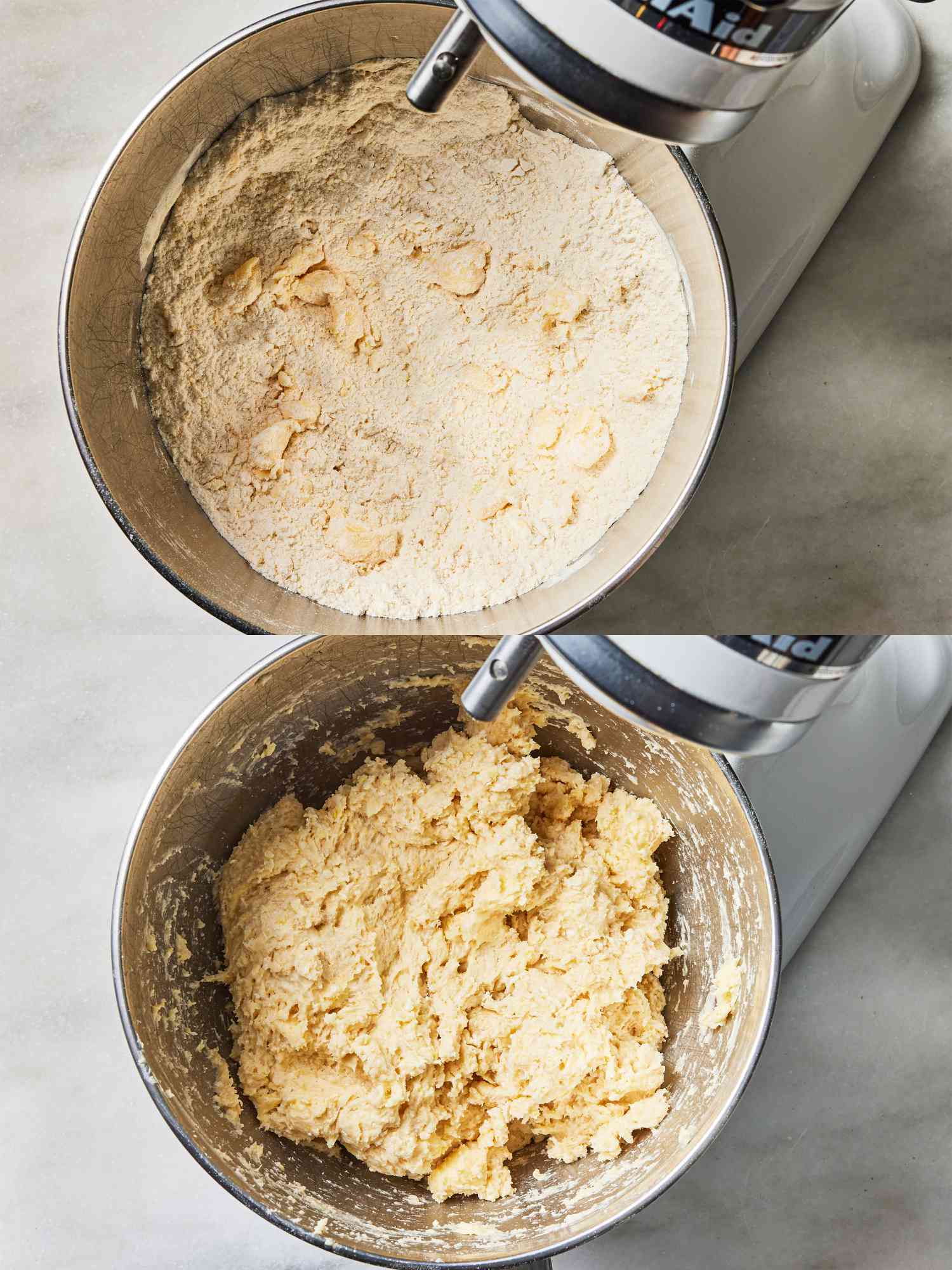 Two image collage of mixing dough batter in stand mixer