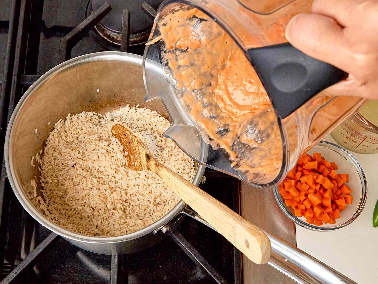 Overhead view of about to add tomato mixture