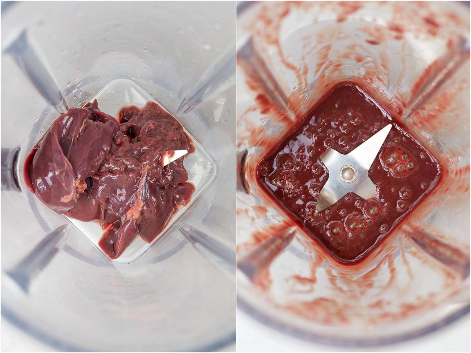 A two image collage. The left image shows chicken livers inside of the bowl of a high speed blender. The right image shows the chicken livers now puréed.