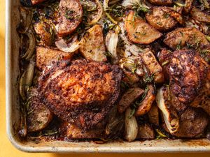 Close crop of a sheet pan chicken