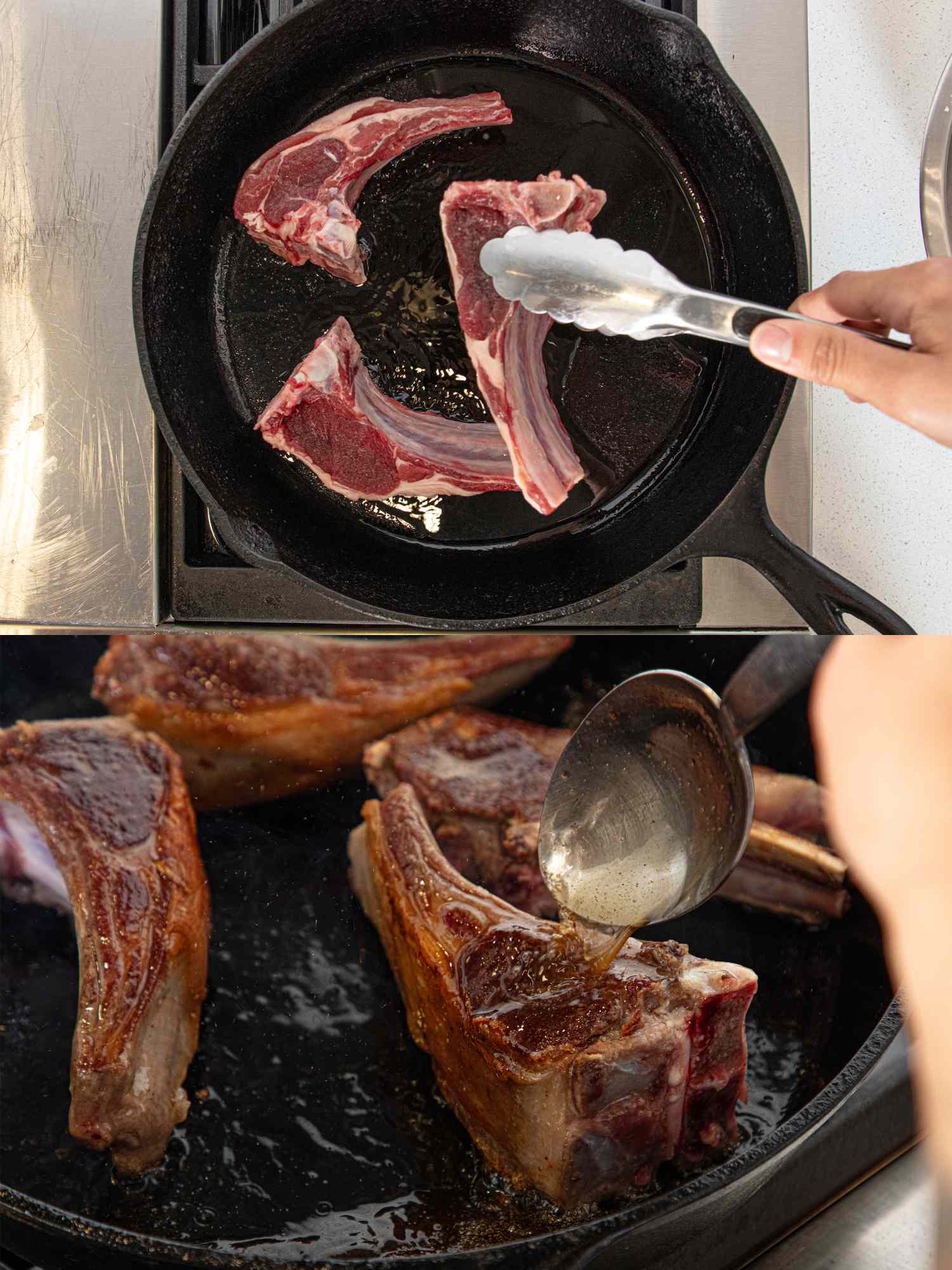 Cooking lamb chops in a skillet steps involve searing and basting with liquid