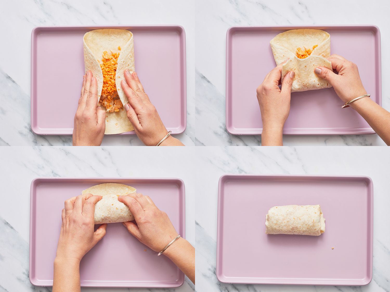 Four image collage of folding burrito