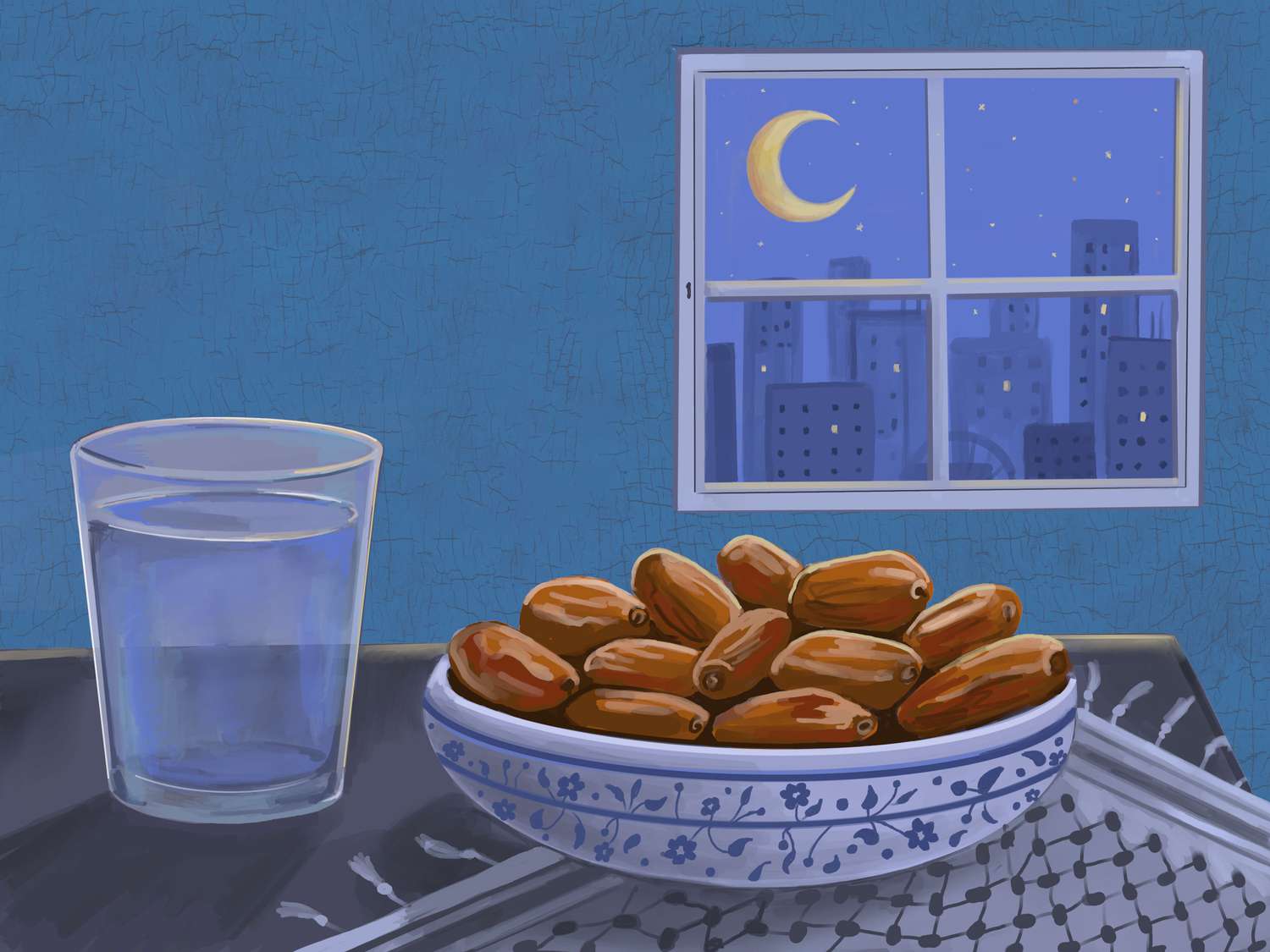 An illustration of a glass of water and a bowl of dates sitting in front of a window.