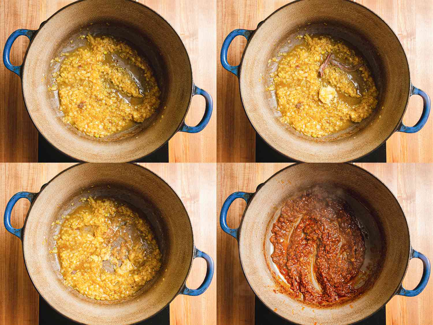 4 image collage. Clockwise from upper left: onion mixture softened in dutch oven; garlic and anchovies added to onions; mixture fully combined in dutch oven; browned mixture in dutch oven