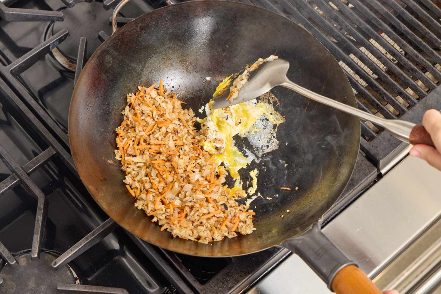 Fried rice is made in the Yosukata Carbon Steel Wok Pan