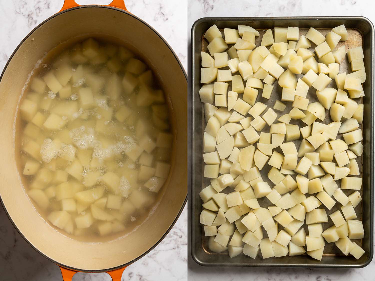 Potatoes and water in a pot, and potatoes cooling on a baking sheet