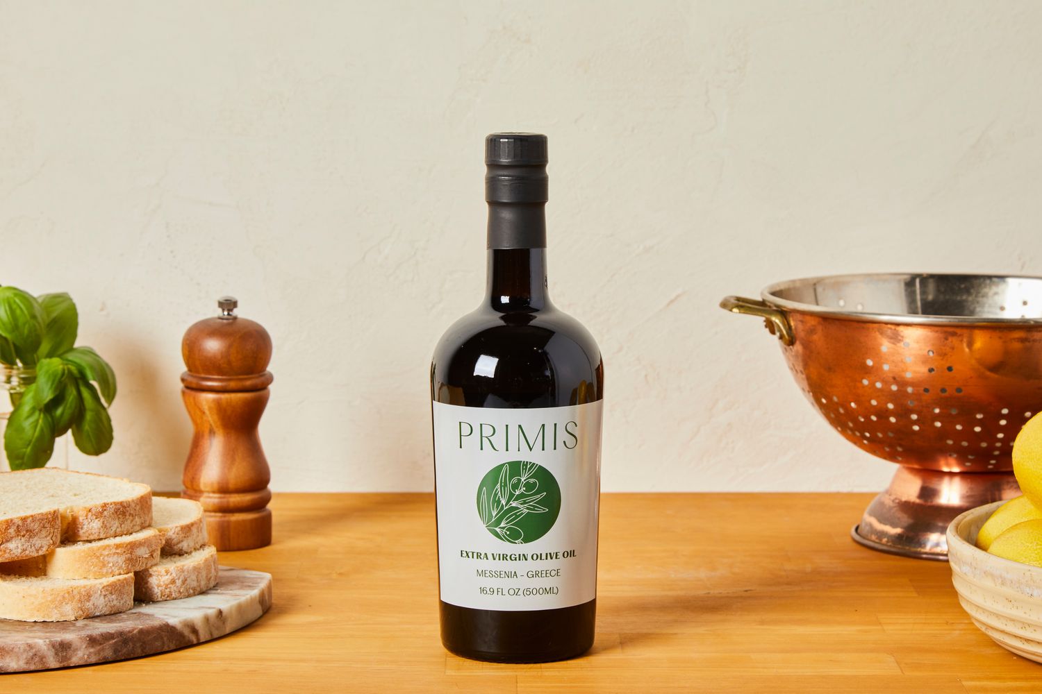 A bottle of primis olive oil.