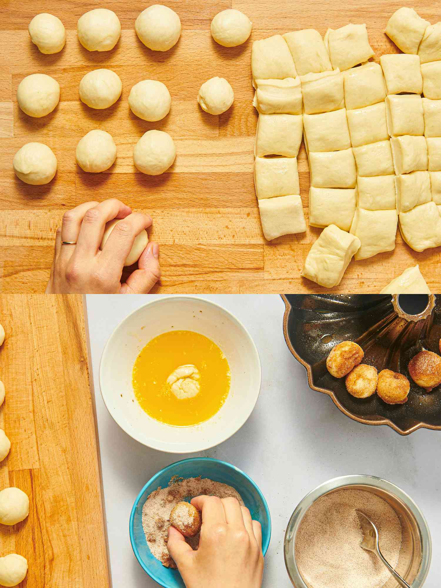 Preparations for making monkey bread, with dough squares and balls, and dipping pieces into butter and cinnamon-sugar