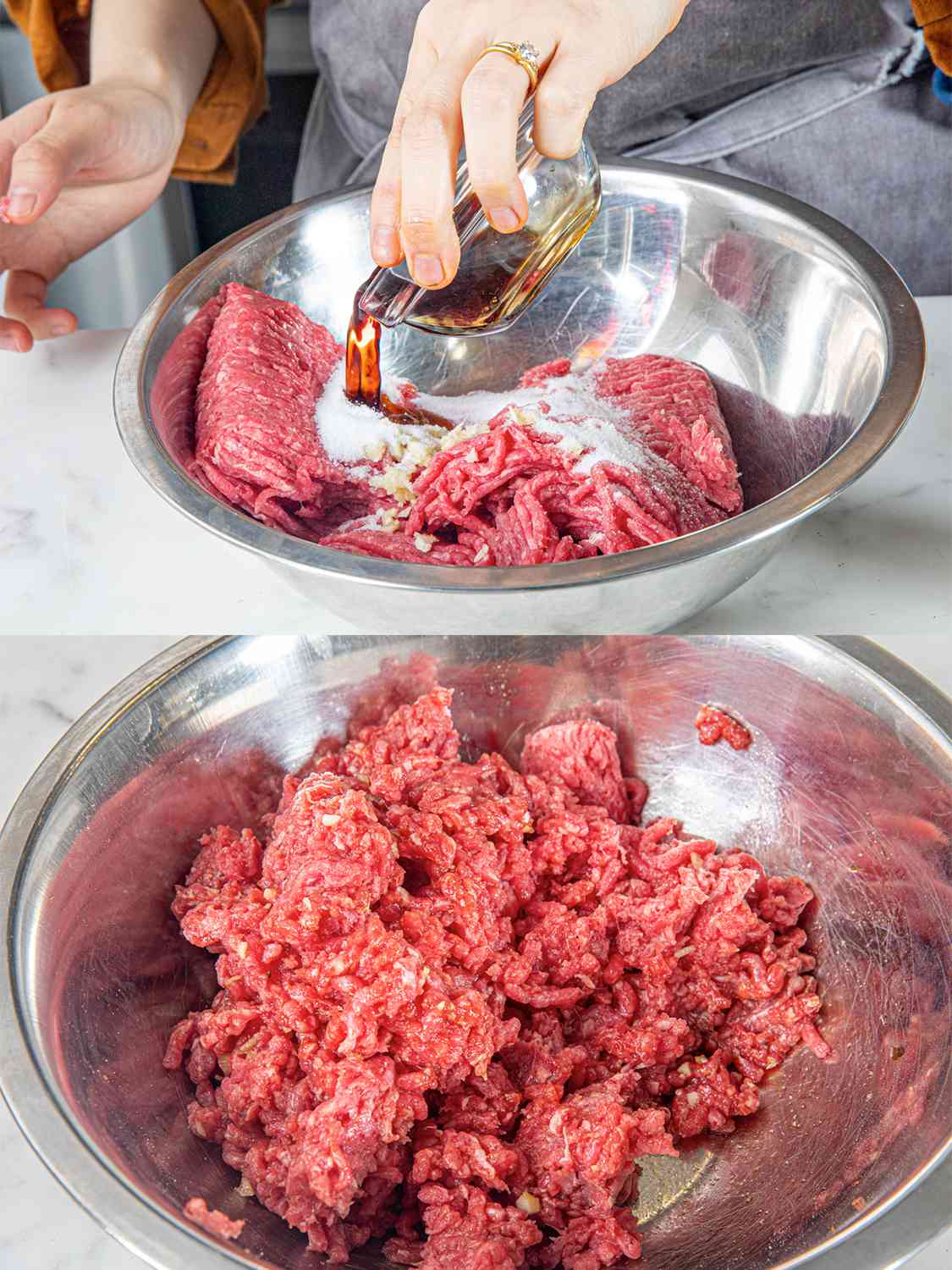 Two image collage of spices and soy sauce being added to ground meat and meat marinating in a metal bowl