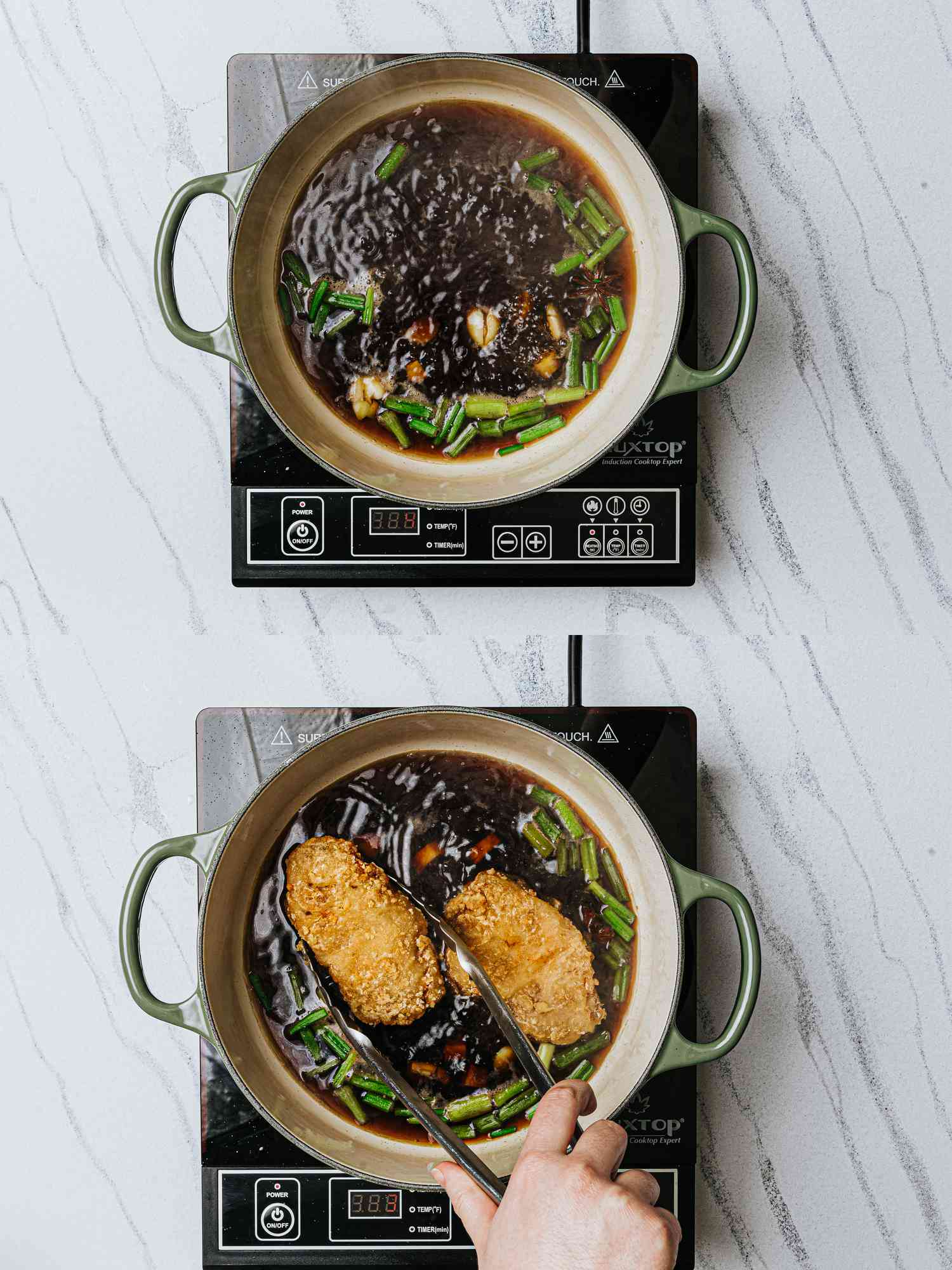 Two image collage of braising liquid and porkchops being lowered