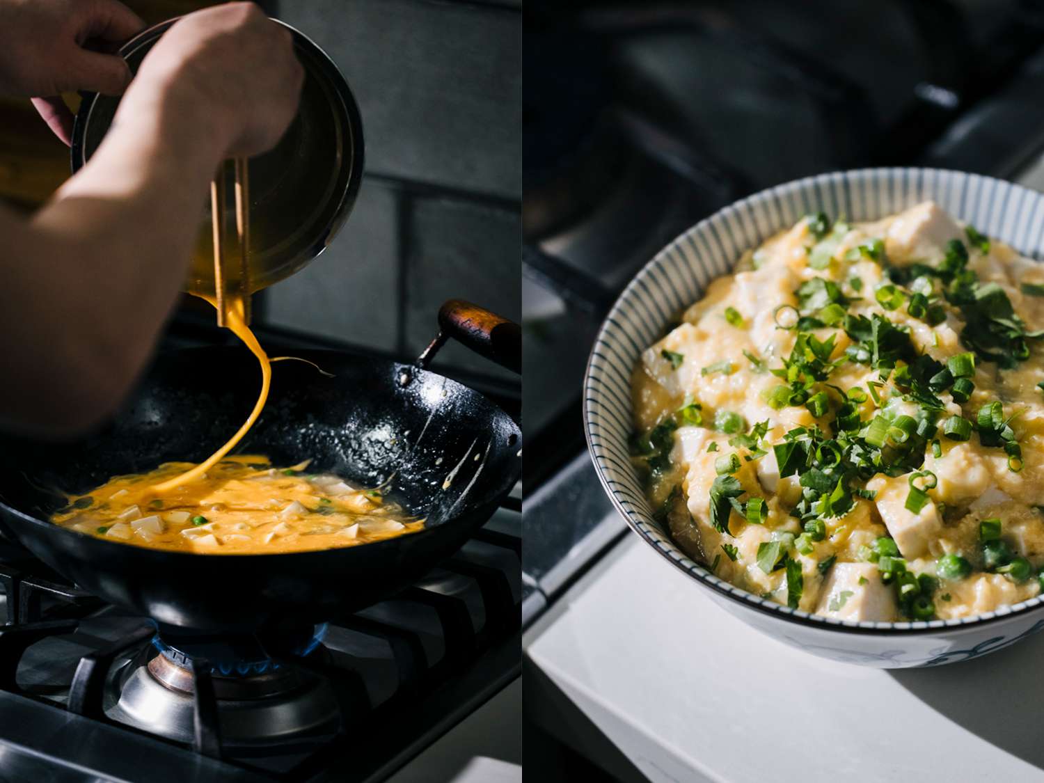 Two image, vertical collage. First photo is eggs being drizzled into a wok using chopsticks. Second photo is the finished dish, plated on the counter.