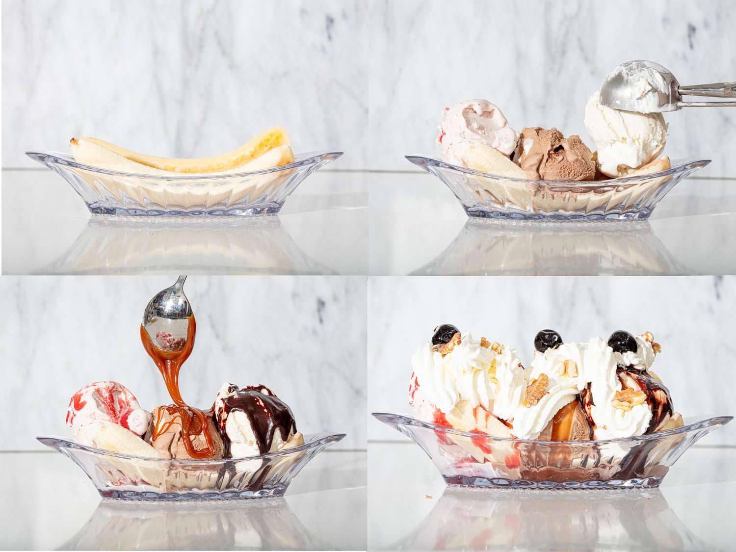 Four image collage of building banana split
