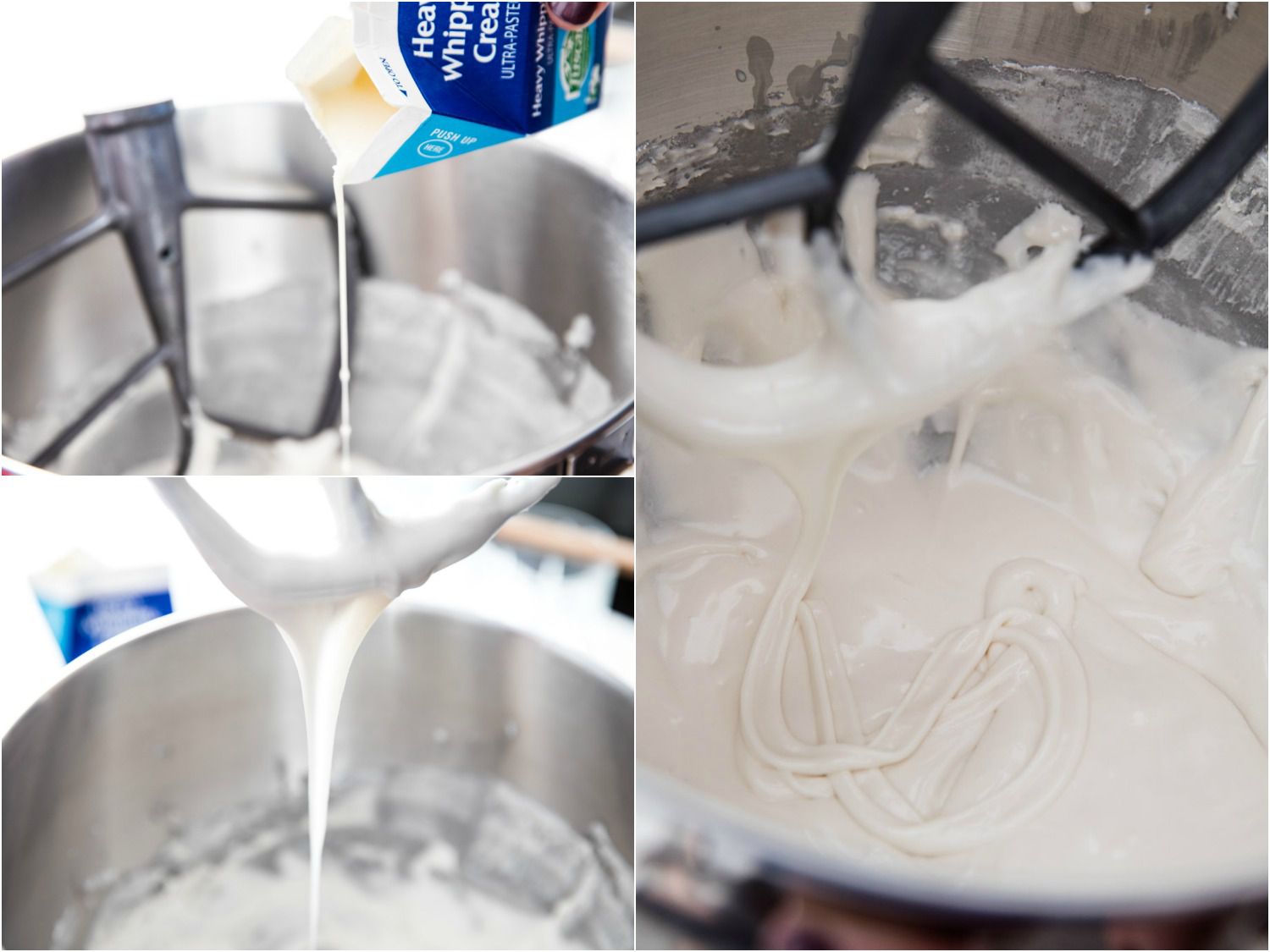 A collage of thinning royal icing with whipping cream and mixing until thoroughly combined. 
