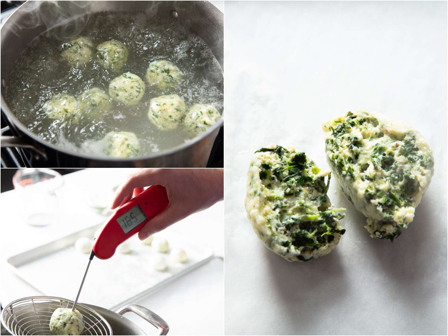 collage: boiling gnudi in water until they float to the top; an instant read thermometer showing a temperature of 165 degrees Fahrenheit; a cooked gnudi cut in half to show texture