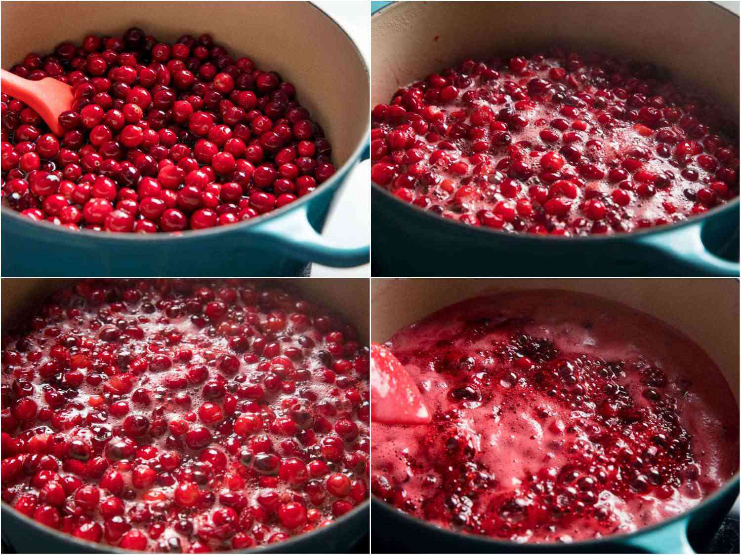 Collage of cranberries simmering, breaking down, getting jammy.