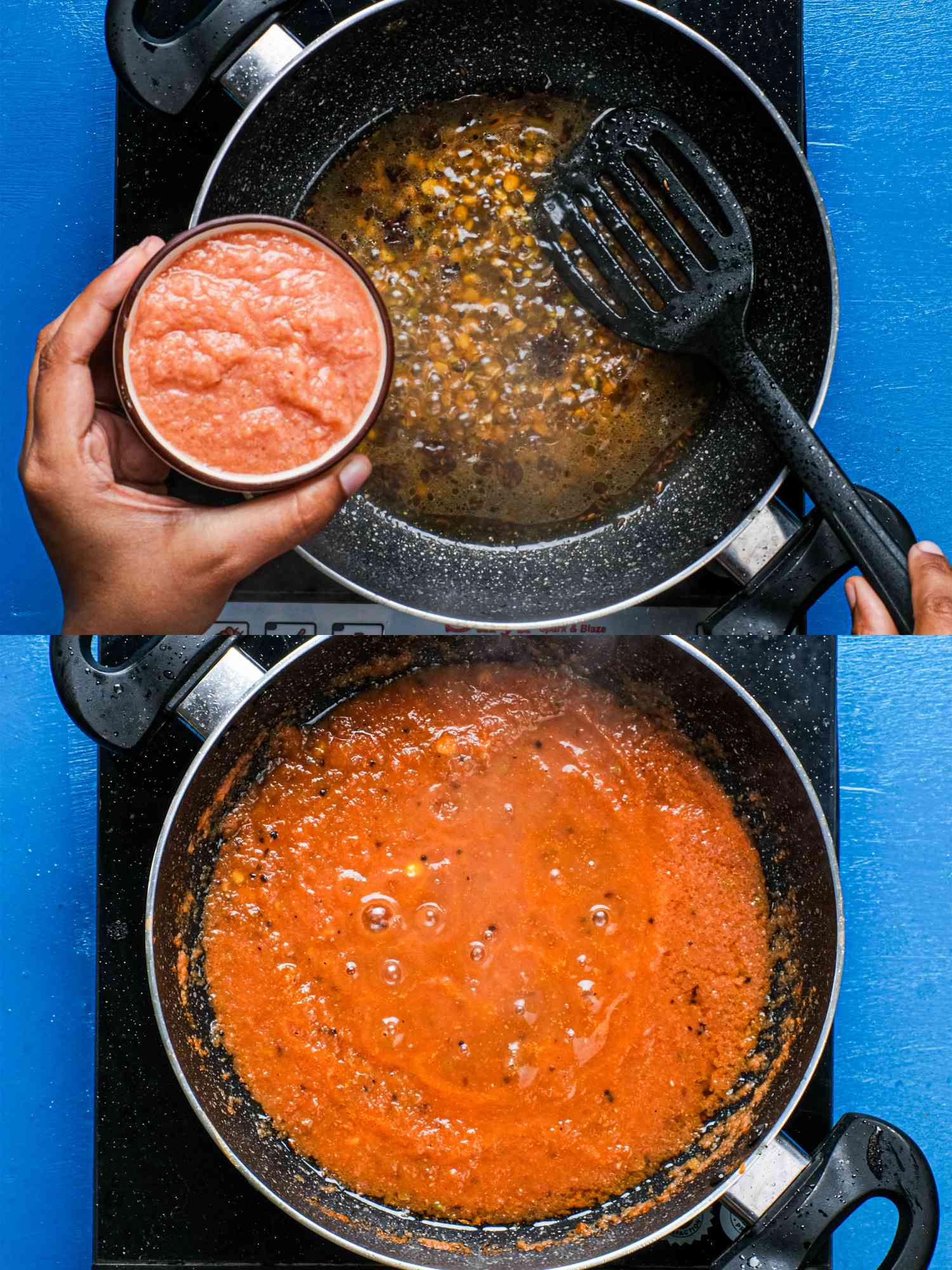 Two image collage of adding tomato puree and it slightly thickened in pan