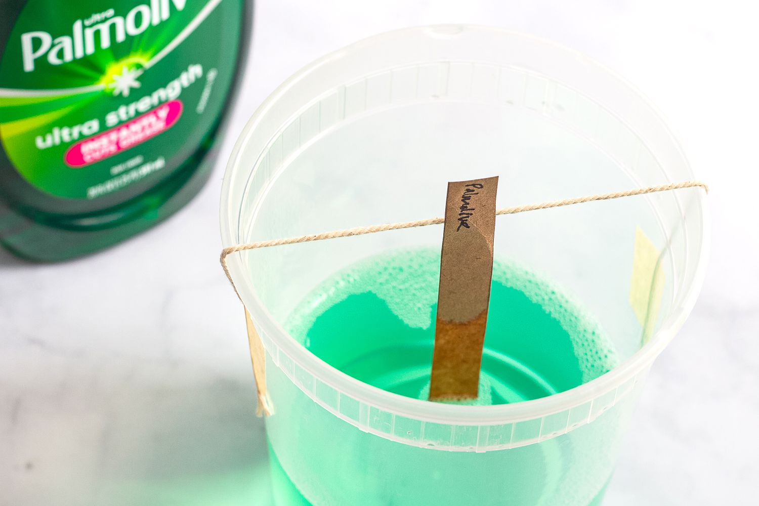 Palmolive Ultra Strength Dish Soap in container on counter