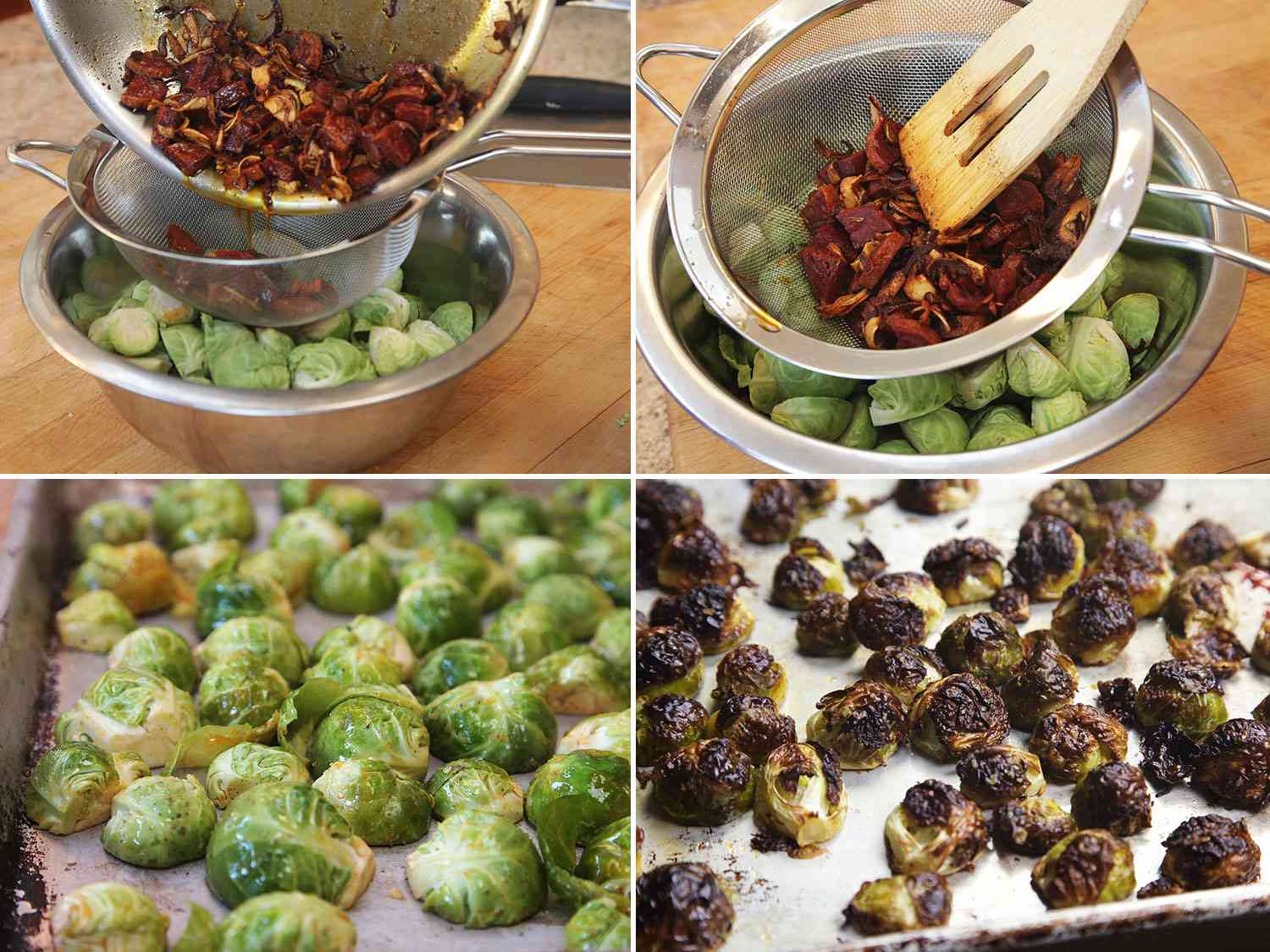 Collage of straining the cooked chorizo and aromatics over a bowl of Brussels sprouts, arranging them cut-side-down on a rimmed baking sheet, and then removing them from the oven.