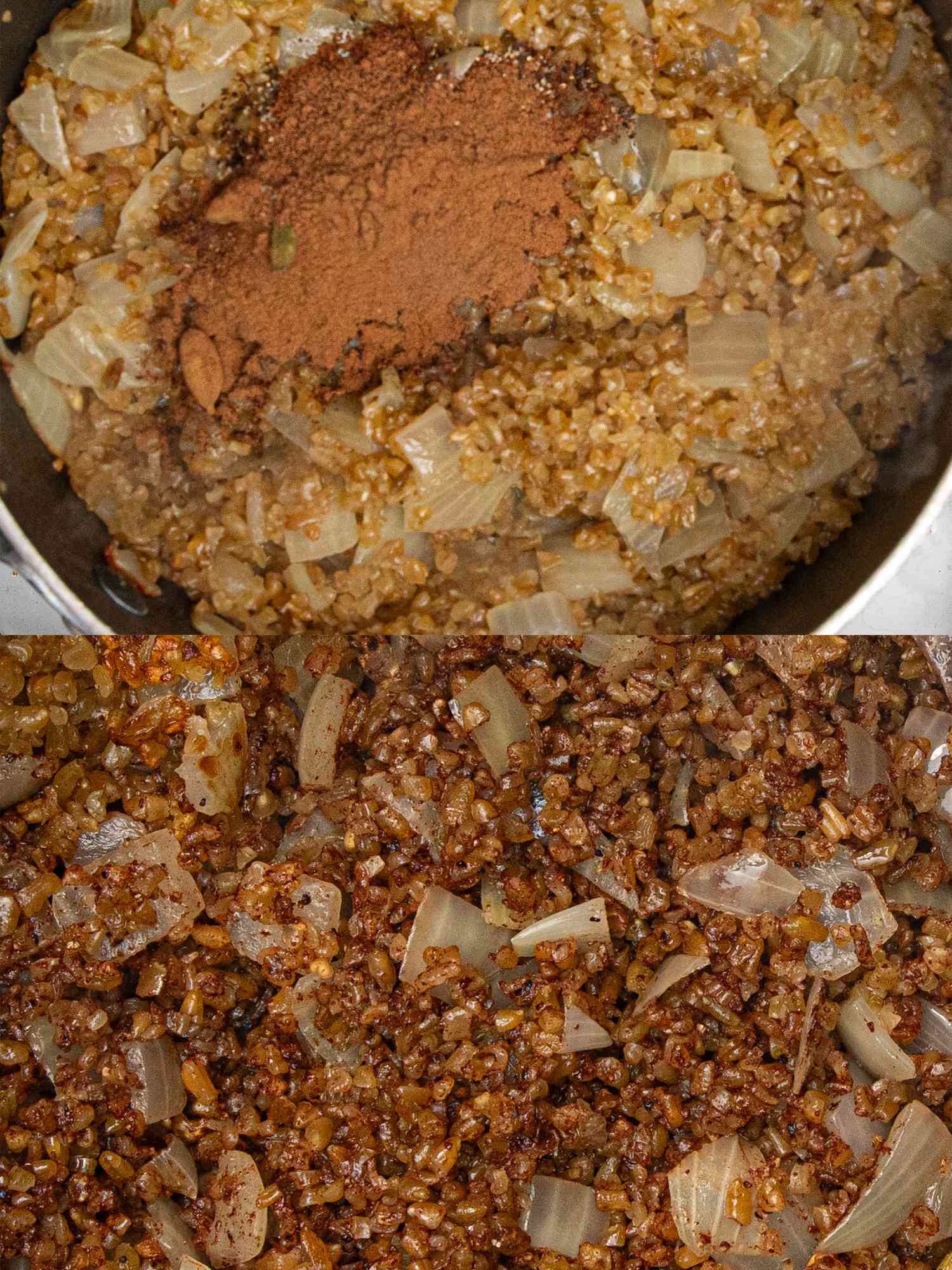 Two image collage of spices added to freekeh