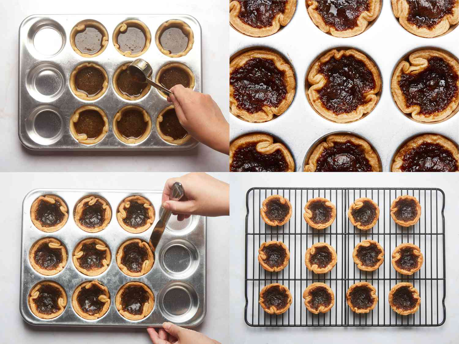 4 image collage. Top Left: scooping tart shells in a trey with uncooked filling Top Right: Close up of tarts after baked to a golden brown. Bottom Left: Separating the tarts from the baking tin using a butter knife Bottom Right: The tarts resting on a cooling rack on a white marble surface 