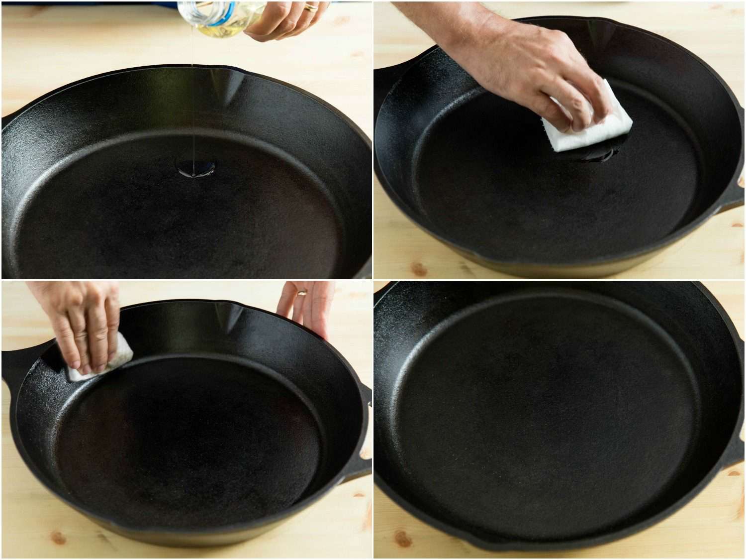 Photo collage showing four stages of rubbing oil on cast iron pan.