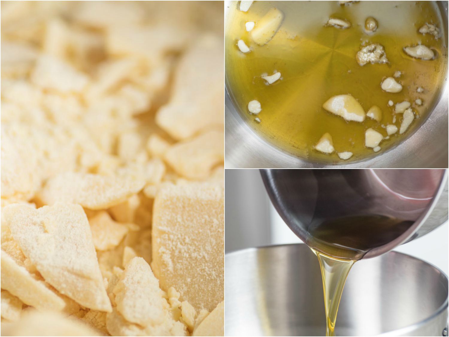 A collage: close up of cocoa butter pieces, melting cocoa butter in a saucepan and transferring the melted butter to the bowl of a stand mixer to cool. 